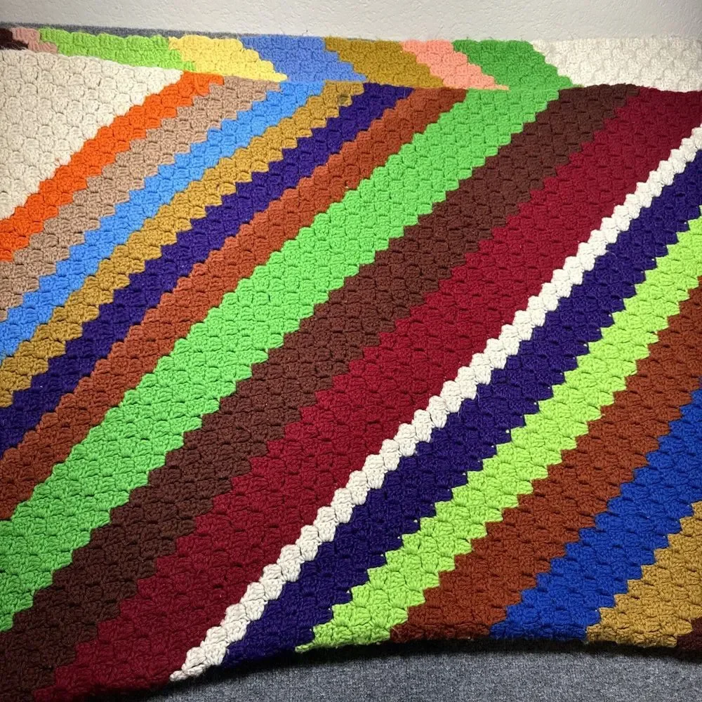 Knit‎ Afghan Blanket Throw 75X 53 Multi Color Stripes Striped Hand Made Granny